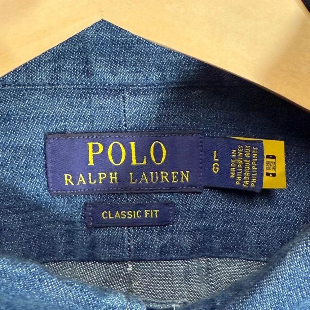 Polo Ralph Lauren Denim Shirt Mens L Classic Fit Blue Button Down Flesh Pony